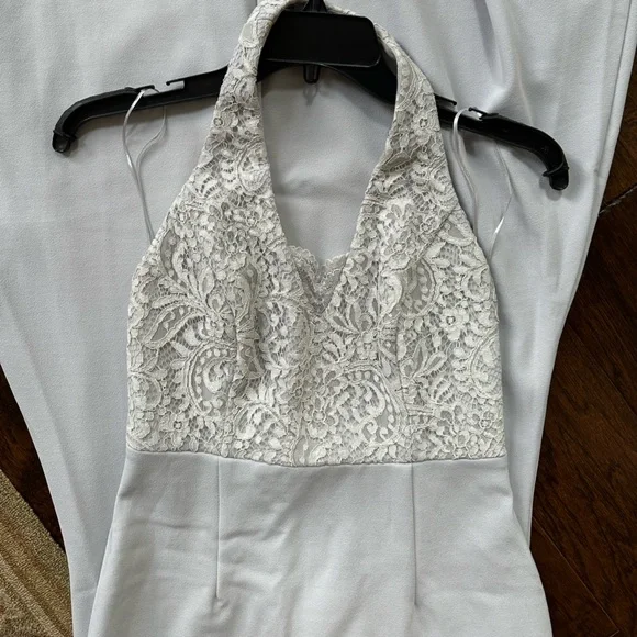 LULUS Blue Grey Lace Jersey Material Long Dress Halter Top - Picture 2 of 5